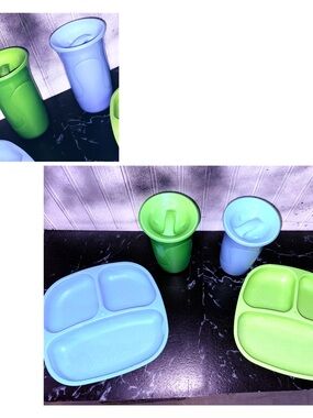Nuby Toddler Mealtime bundle (2) 360 Wonder Cups & (2) Divided Plates. Sky blue
